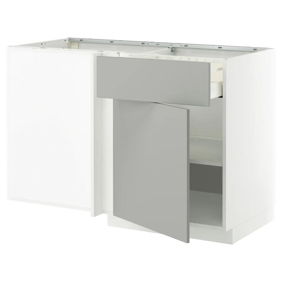 METOD modern white kitchen unit, clean design, light grey, steel hinges, wooden frame, corner shape.