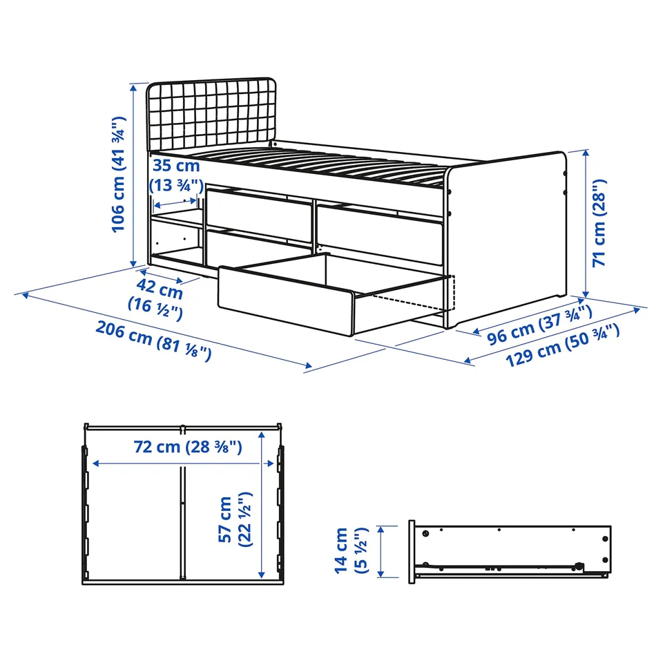 SLÄKT Bed frame with storage, incl headboard/Vissle beige, 90x200 cm
