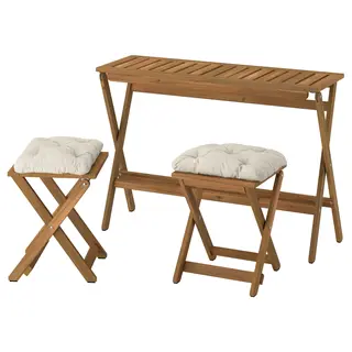 NÄMMARÖ table and 2 stools, outdoor, light brown stained foldable/foldable Kuddarna light grey-beige, 108x37 cm
