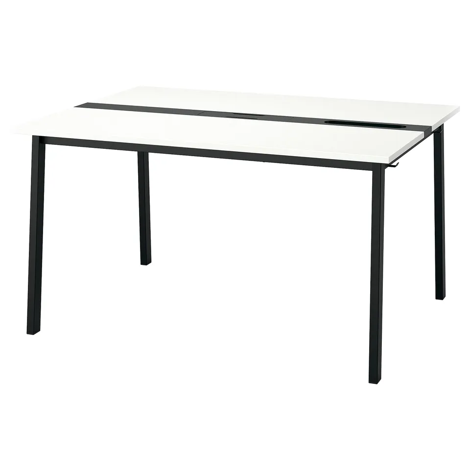 A modern, rectangular MITTZON conference table with a white top and black metal legs.