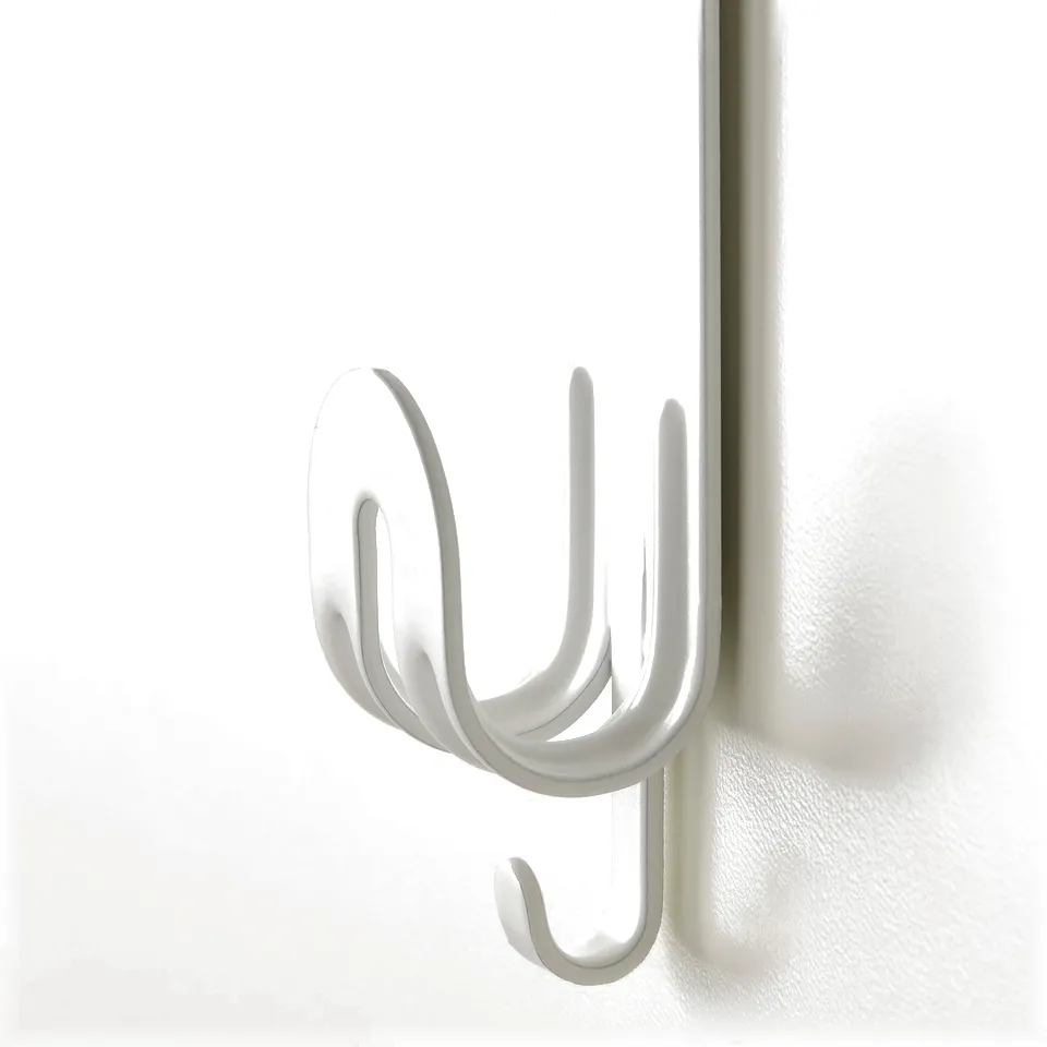 White multi-hook over door hanger. Attaches easily, suitable for hanging bags, towels, or clothing. Durable, powder-coated steel.