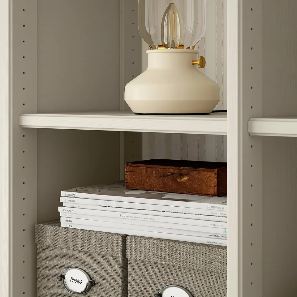 GULDDRAGARE Storage combination, beige clear glass/with doors with shelves, 200x37x216 cm