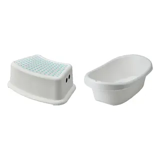FÖRSIKTIG/LÄTTSAM set: children's stool + baby bath, white/turquoise, Width 37 x Depth 24 x Height 13 cm