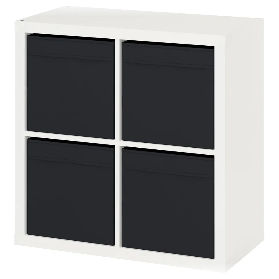 White KALLAX shelf with 4 black storage boxes.