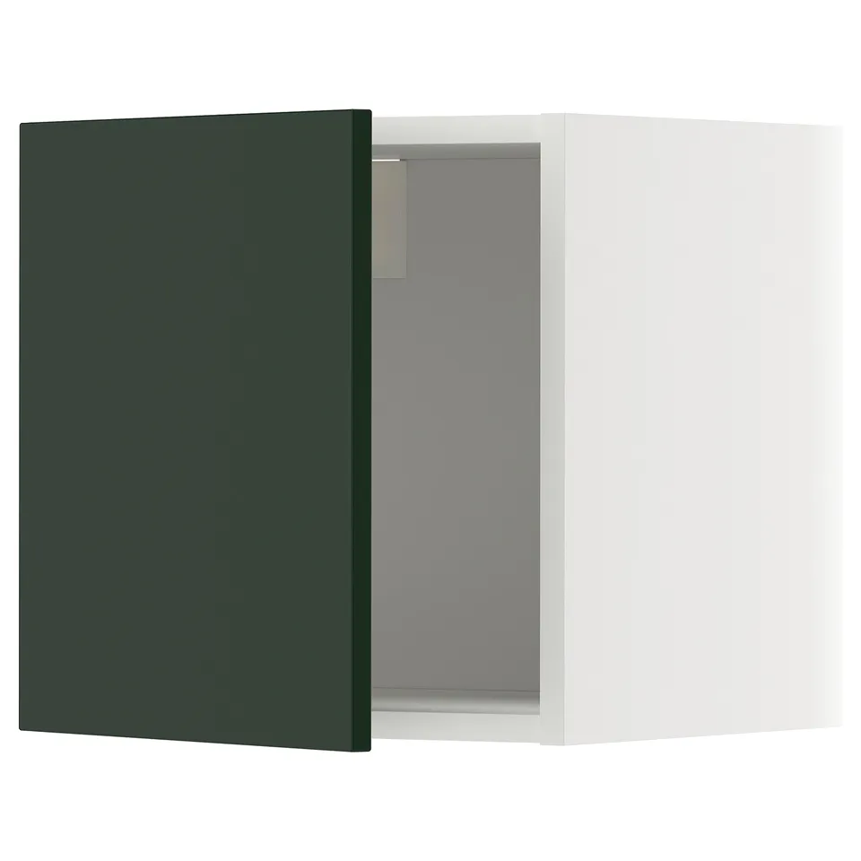 A dark green-silver METOD cabinet. Its rectangular, with a swing door and modern minimalist design.