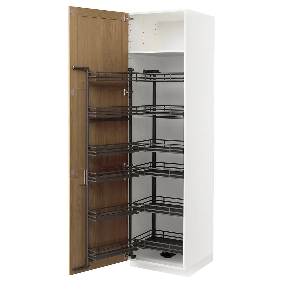 White METOD cabinet with oak door open, showing pull-out shelves in a modern design.