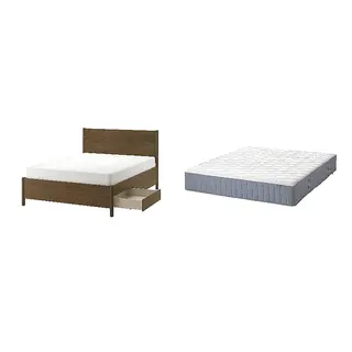 TONSTAD/VÅGSTRANDA Bed with 28cm thick mattress, pocket sprung, foam,7 comfort zones, extra firm, brown stained oak veneer/Lönset + extra firm/light blue, 160x200 cm