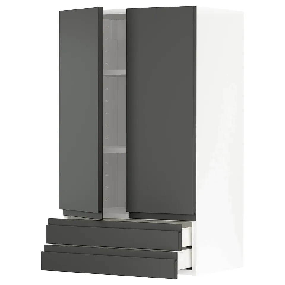 Dark grey modern kitchen units. Two tall cabinets with handles, three drawers. Sleek, minimalist.