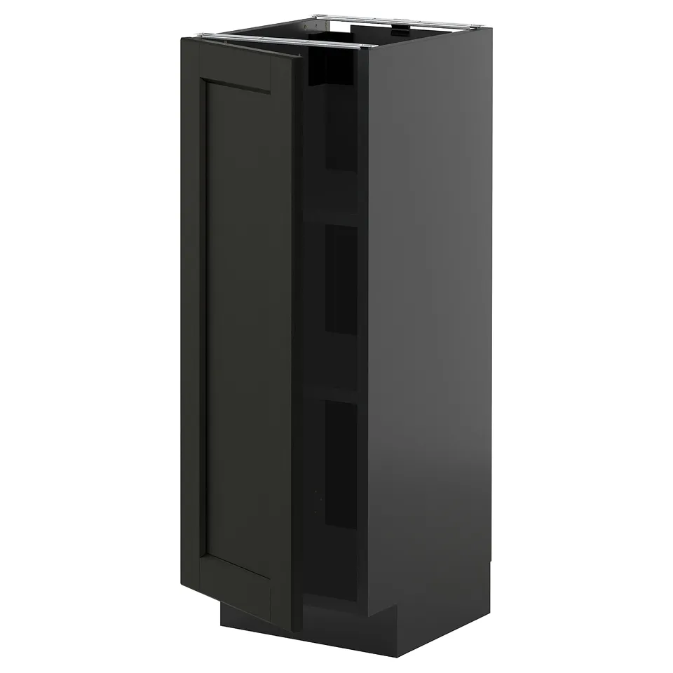 Modern dark grey METOD kitchen cabinet with bevelled edges. Tall rectangular shape, sturdy with adjustable shelves.
