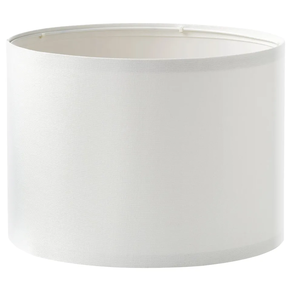 White cylindrical light shade, flat-pack design, suitable for pendant or table lamps.