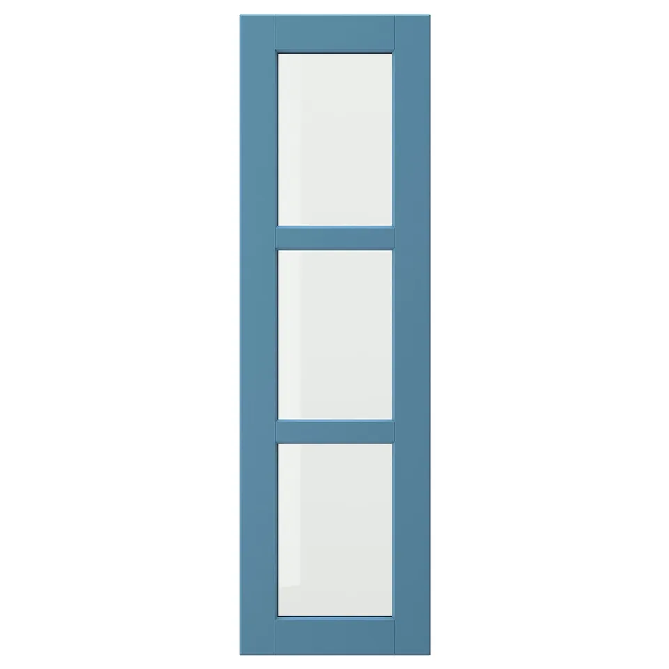 LERHYTTAN blue wooden door with glass panes, square frame, rustic design.