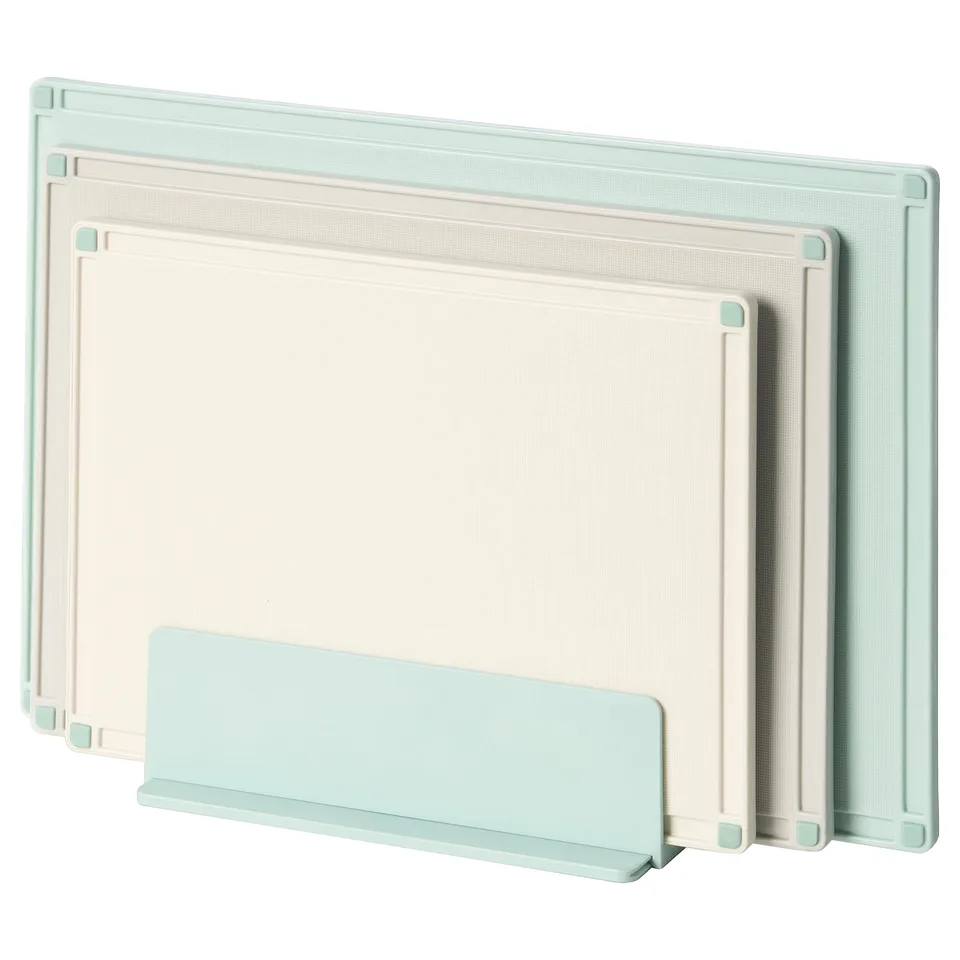 Light green chopping boards, 3 sizes, with holder, non-slip, grooved design.