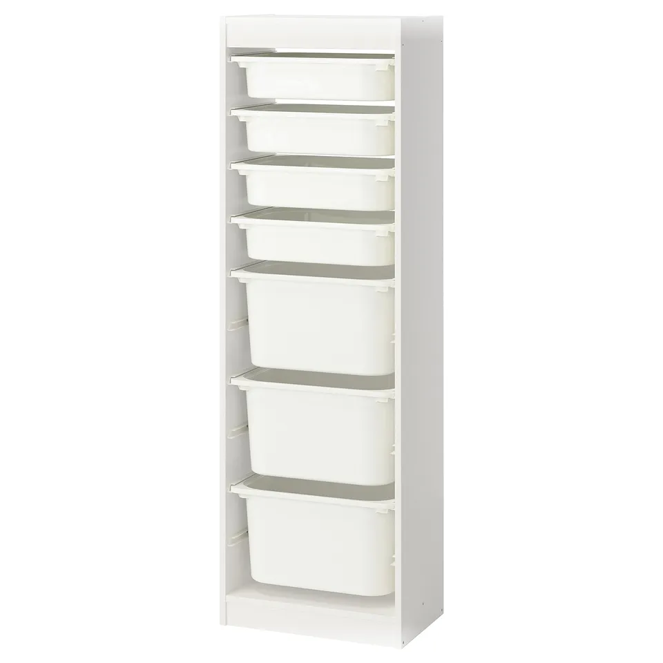 A TROFAST storage unit in white. It a slim, vertical design with six removable plastic containers.