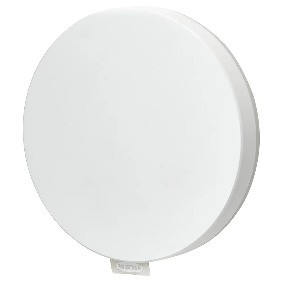Ikea DIRIGERA hub: white, circular, abs plastic, smart home device.