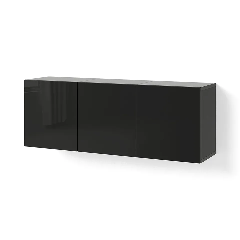BESTÅ Wall-mounted cabinet combination, black-brown/Selsviken high-gloss/black, 180x42x64 cm