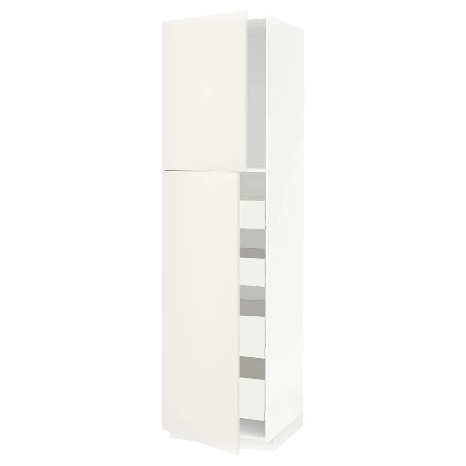 White METOD tall kitchen cabinet, smooth finish, three shelves, left side hinge.