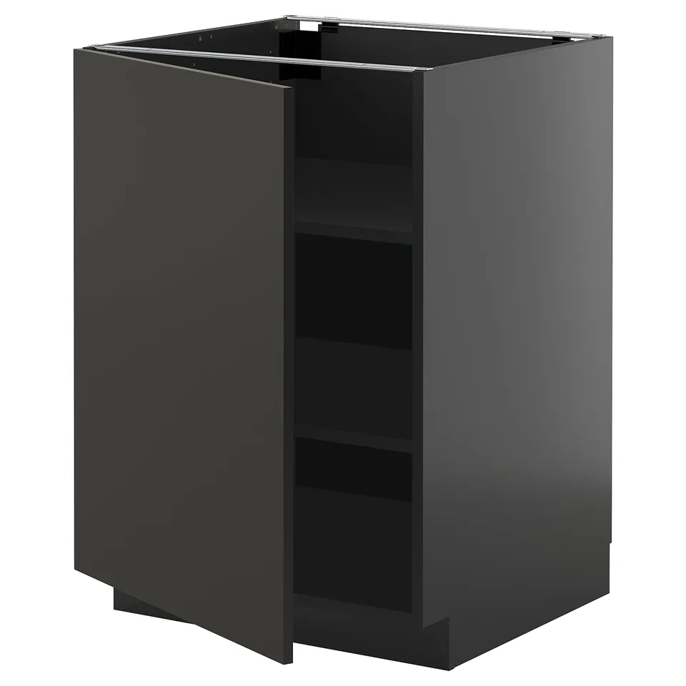 Modern black kitchen cabinet with adjustable shelves, sleek design, and nickel hinges.