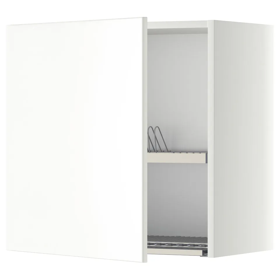 White wall-mounted kitchen cabinet with adjustable shelves and open door, minimalist design.