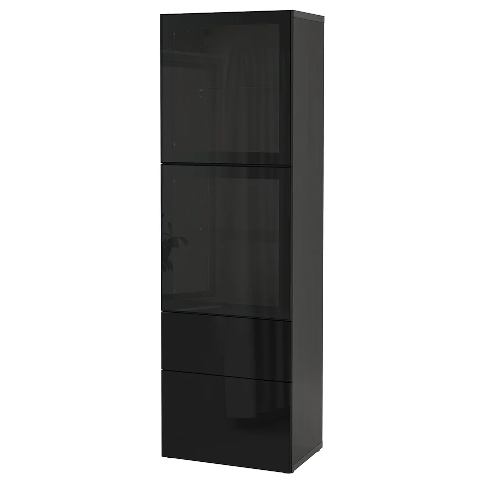 A black BESTÅ cabinet with glass doors, featuring drawers and shelves for storage.