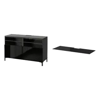 BESTÅ set: TV bench with doors + top panel for TV, black-brown/Selsviken/Nannarp high-gloss/black + glass black, Width 120 x Depth 42 x Height 74 cm