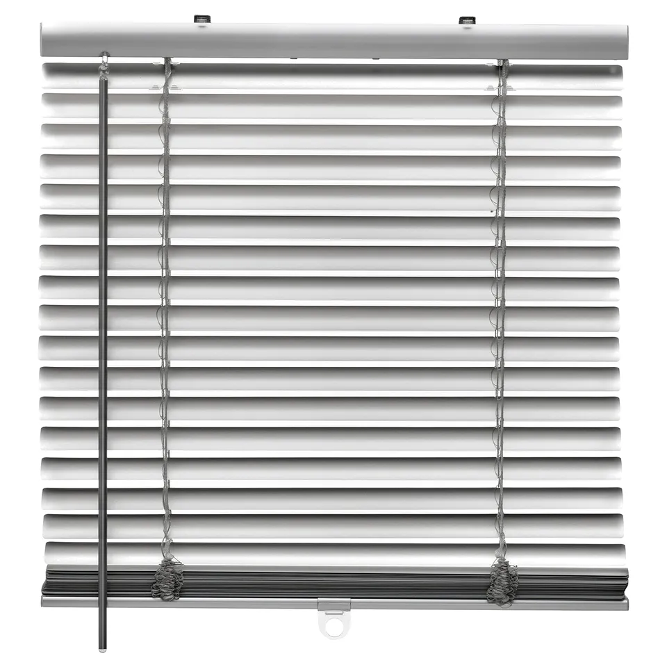 White VECKLARFLY venetian blinds, aluminium, corded, rectangle slats, modern design.
