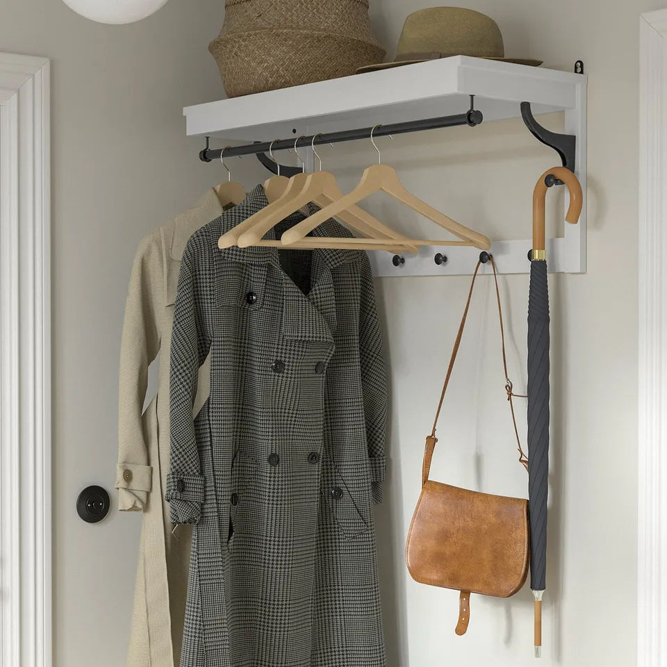 Coat rack with BUMERANG hanger, beige, wood, hanging coats, bag, umbrella.
