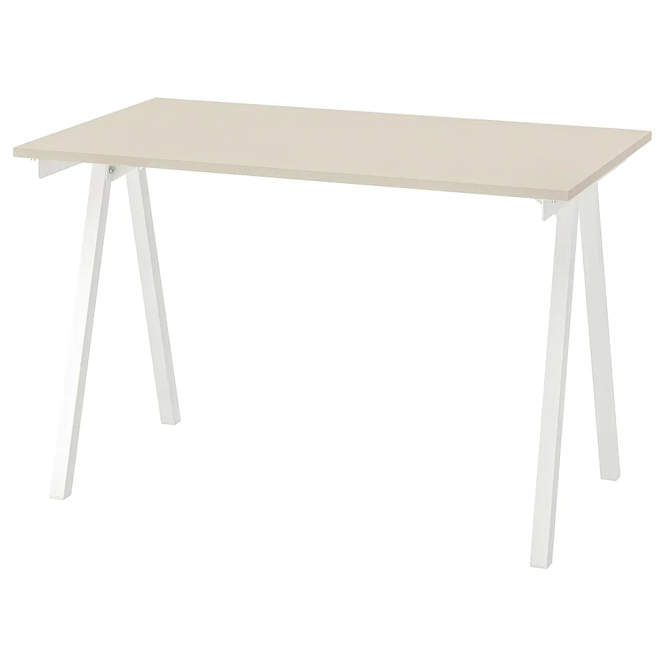 TROTTEN: light beige desk, rectangular, four angled white legs, simple design.