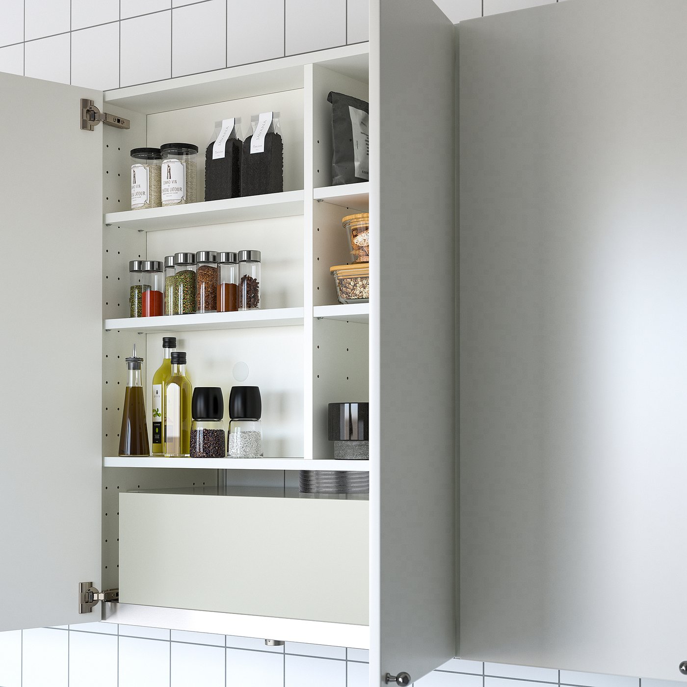 A wall cabinet with shelves holding containers, providing organised storage.