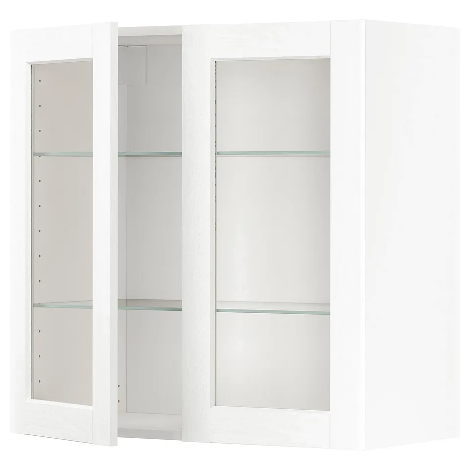 A modern white METOD kitchen cabinet unit with glass doors and adjustable shelves.