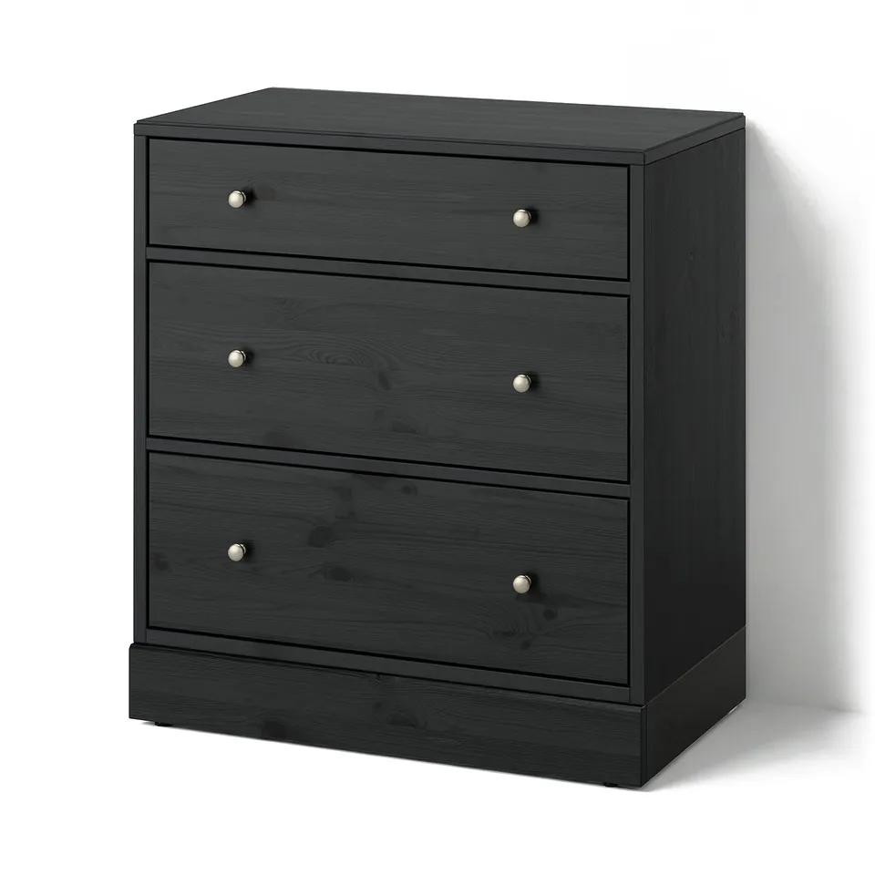 HAVSTA dark grey wooden chest; sleek, rectangular, three-drawer design with metallic knobs.