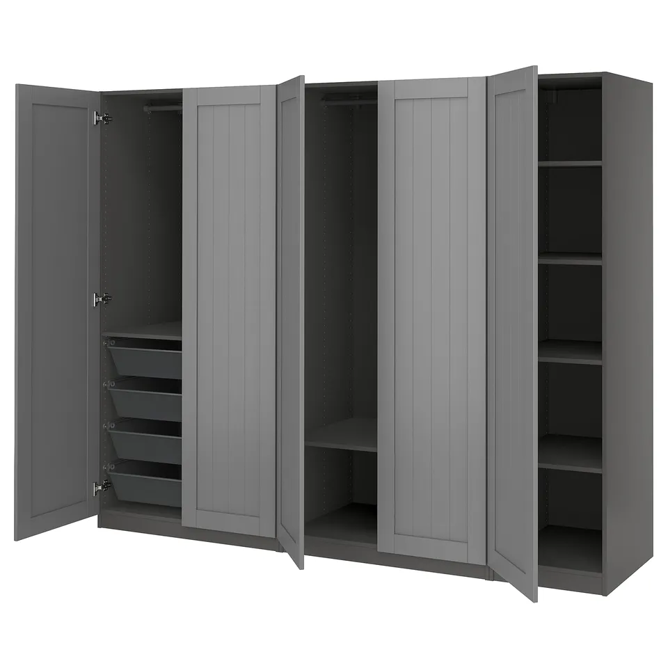 Grey PAX wardrobe with open doors, shelves, and mesh baskets.