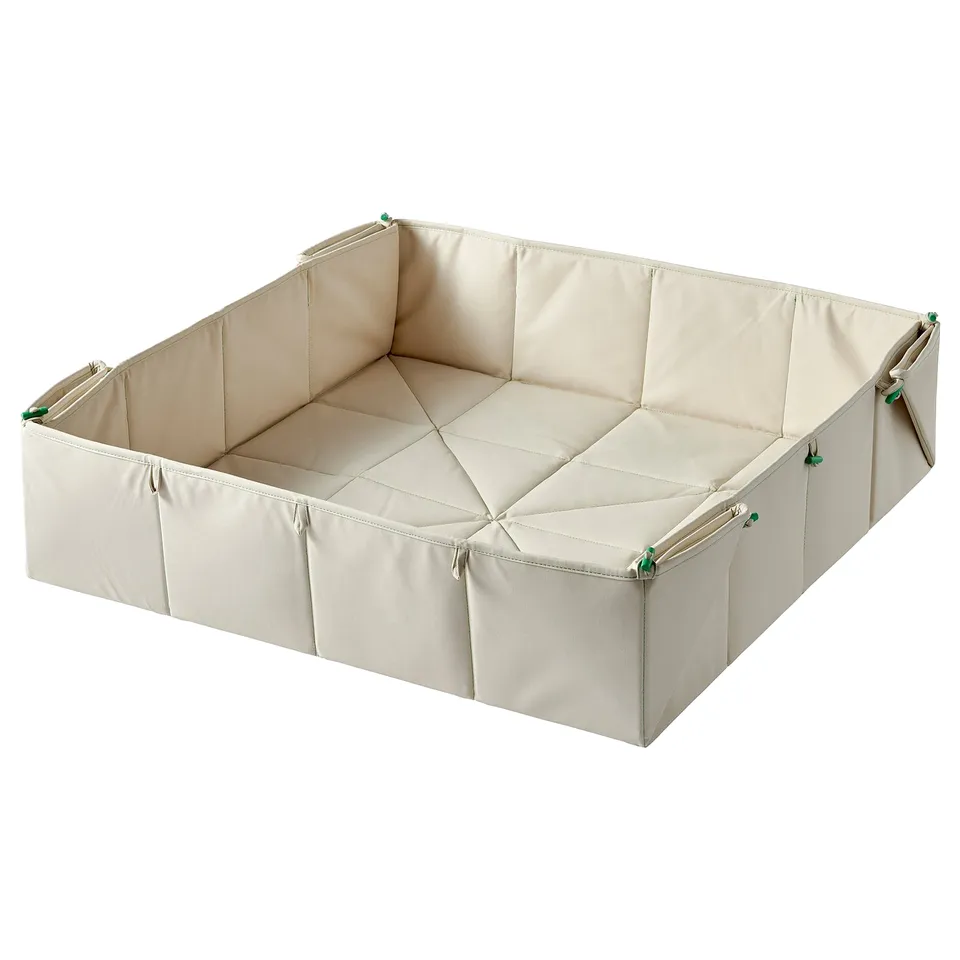 A beige GREJSIMOJS storage box, square-shaped with sewn partitions, made from recycled polyester.