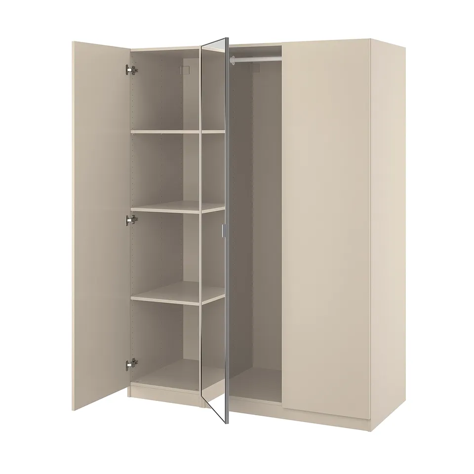 PAX wardrobe: beige, mirrored doors, 4 adjustable shelves