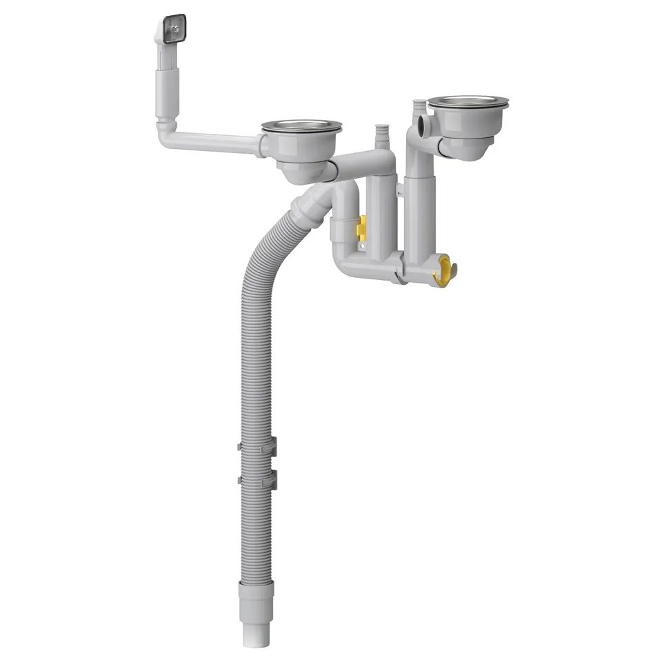 LILLVIKEN, white plumbing system, plastic & metal components, curved design, includes strainer & hose, 25-year warranty.