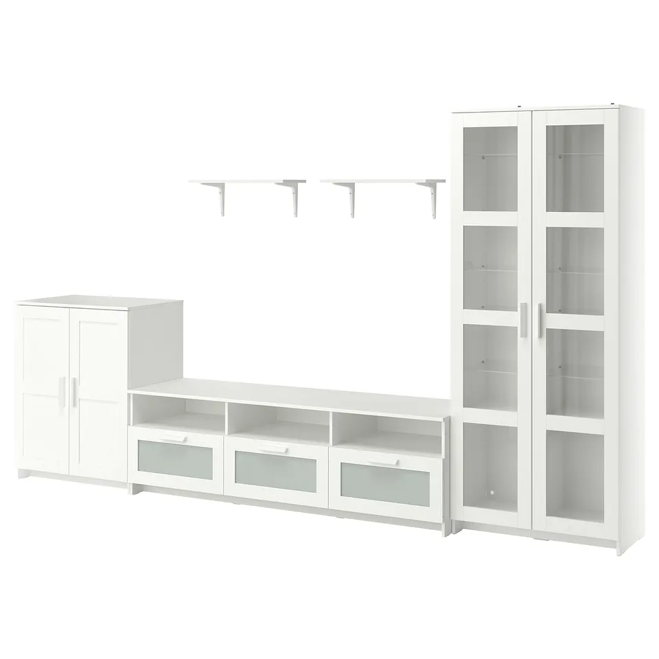 BRIMNES furniture set: tv bench, cabinets, shelves, bookcase with glass doors, modern design.