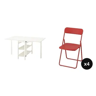VIHALS set: dining table + chair x4, white + red, 39/95/151x90 cm