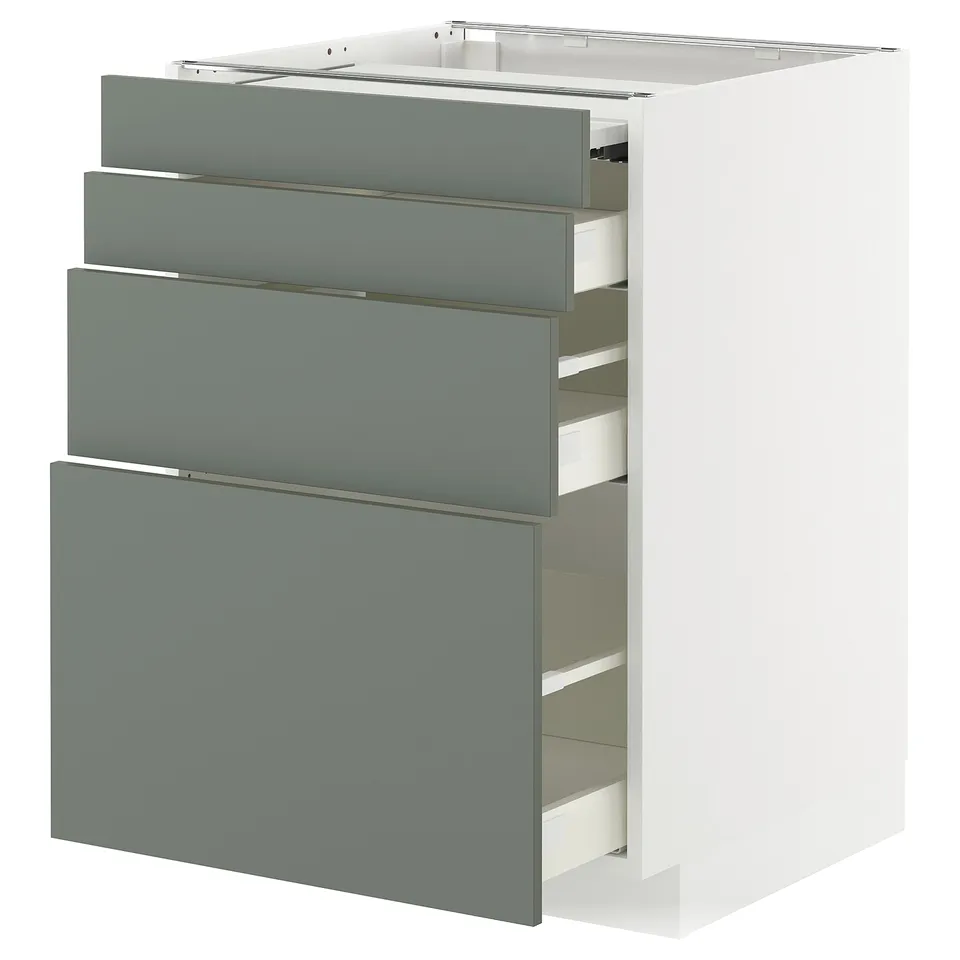 Modern kitchen unit with 5 gray-green drawer fronts.