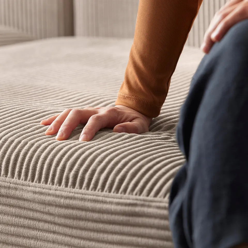 A person tests a beige, textured, modular sofa, feeling the cushioned surface with their hand; designed for comfort and customization.