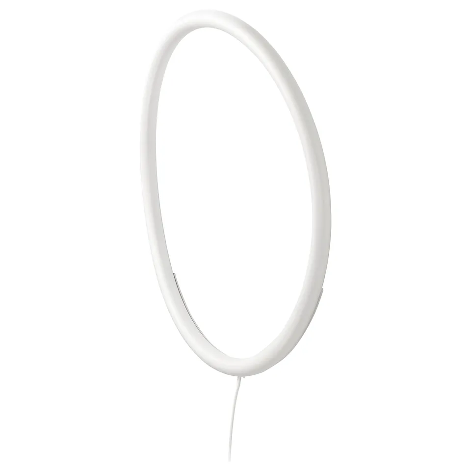 White, oval-shaped wall lamp with a soft glow, featuring a minimalist design and modern aesthetic.