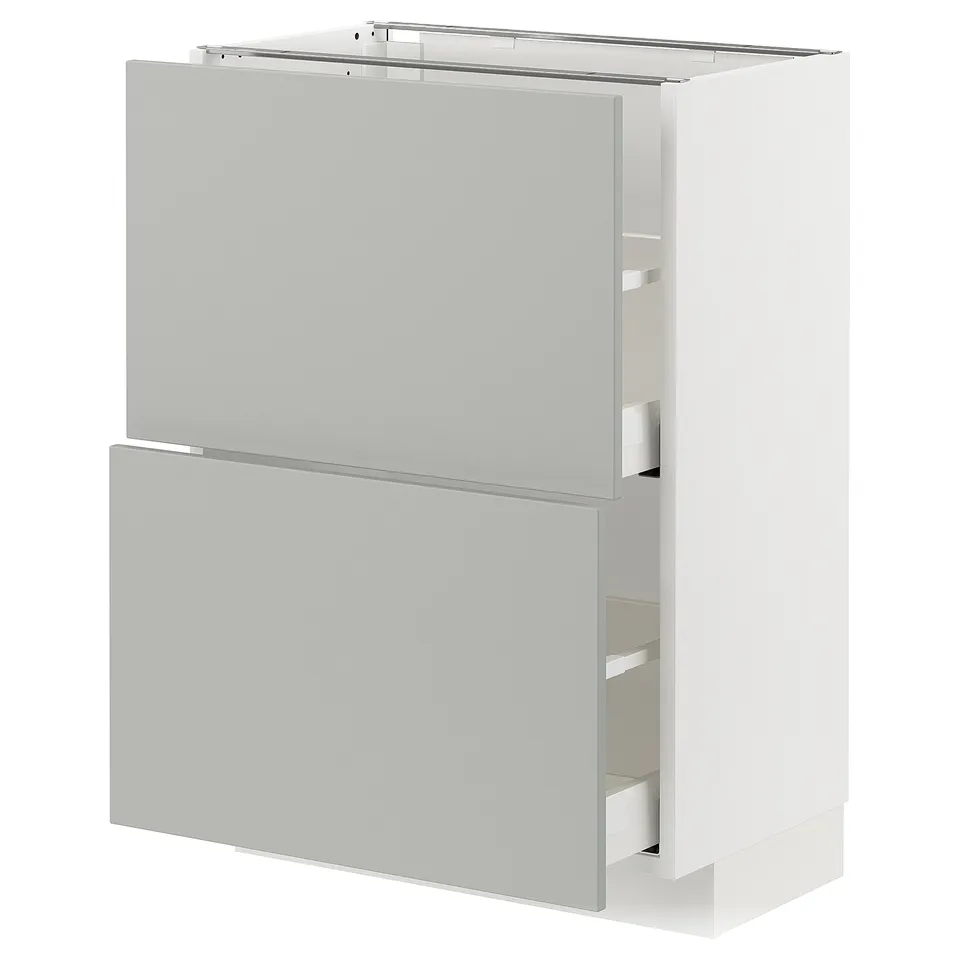 Modern kitchen cabinet in light grey with sleek design, featuring two drawers and a door for storage.