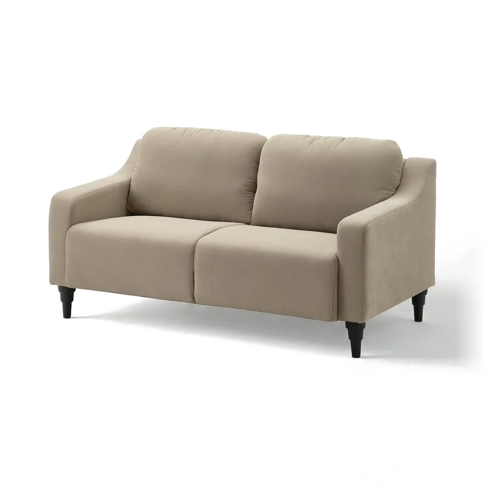GULLVALLA: modern beige sofa with rounded design, sturdy wooden legs, comfortable cushions.