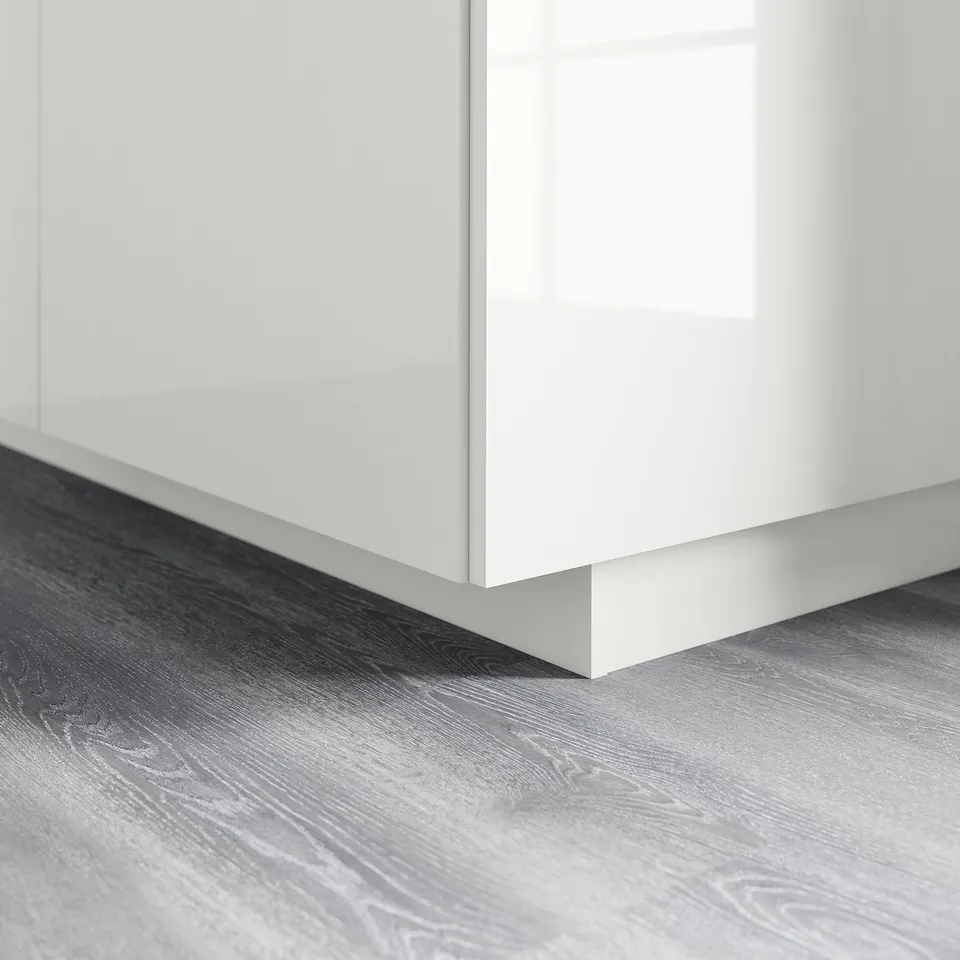 White kitchen plinth, glossy finish, covers floor gap, easy clean.