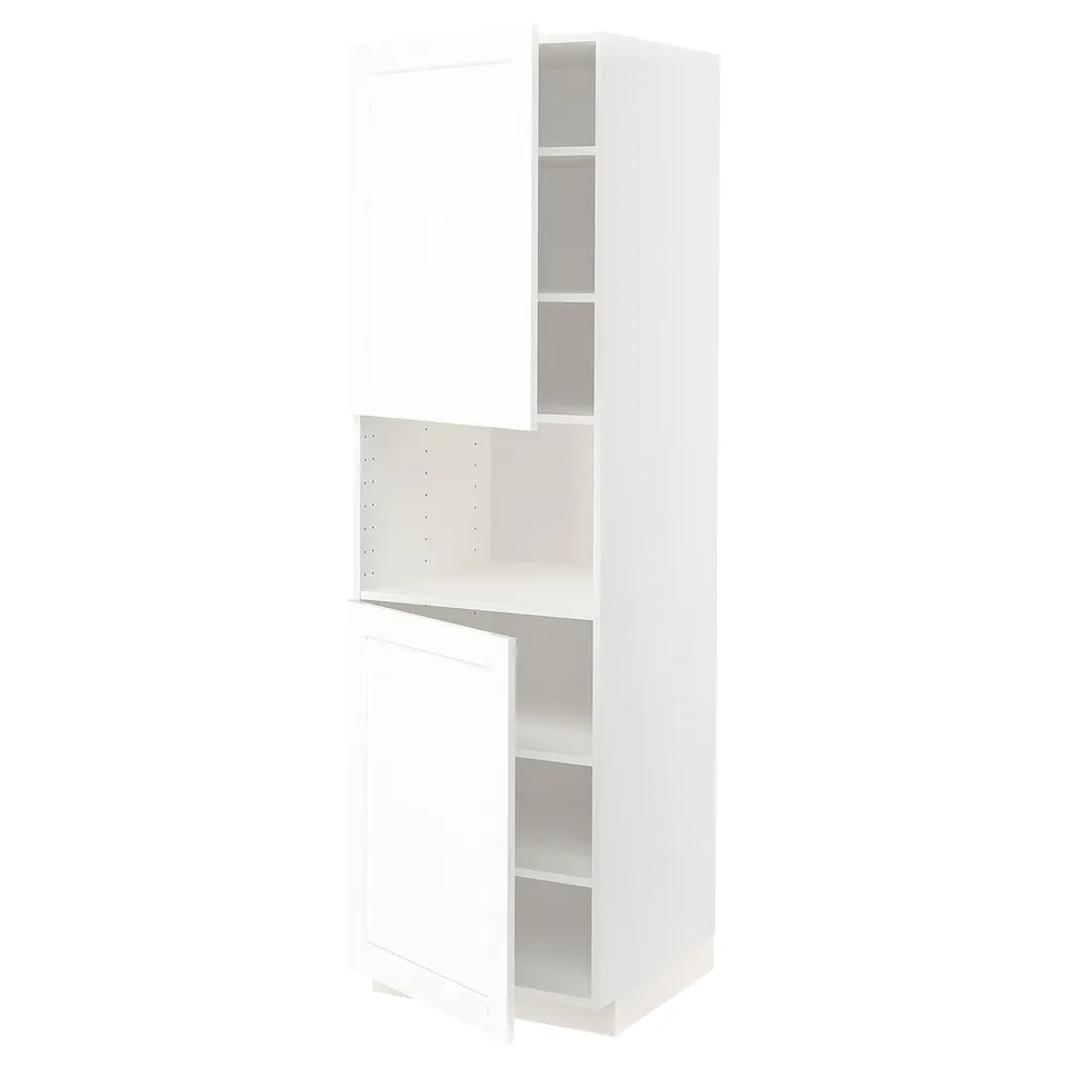 White METOD kitchen cabinet, tall and slim, with adjustable shelves and classic design.