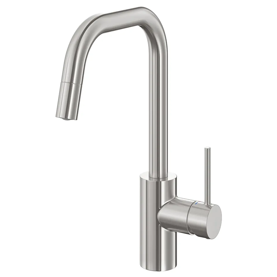 Depicts a stainless steel kitchen tap named ÄLMAREN with a sleek modern design. The high arc spout pulls out for convenience.