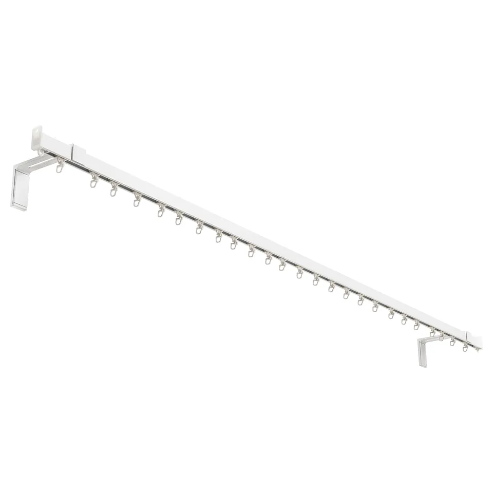 A VIDGA curtain rod. Its white, made of aluminium and plastic. The design a single track with hooks.