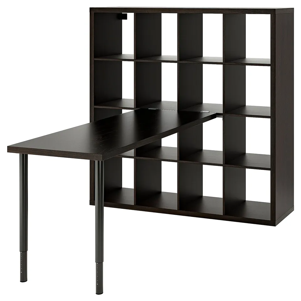 Black KALLAX shelf combo: liable desk and cubicle storage, dark brown finish.