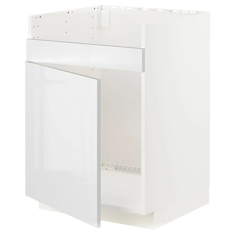 A white METOD kitchen cabinet with a glossy finish, featuring a door and hinges.