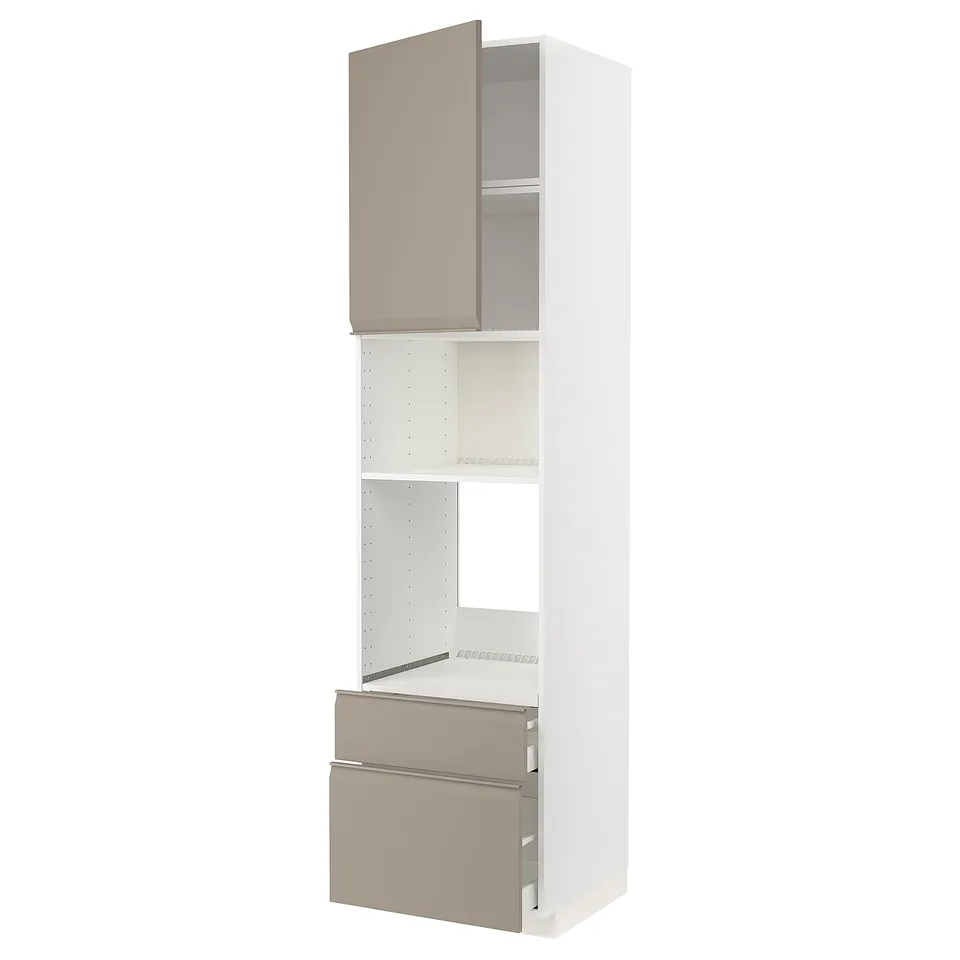 A white and beige METOD kitchen cabinet with a door and drawer, featuring a modern, graphic design.