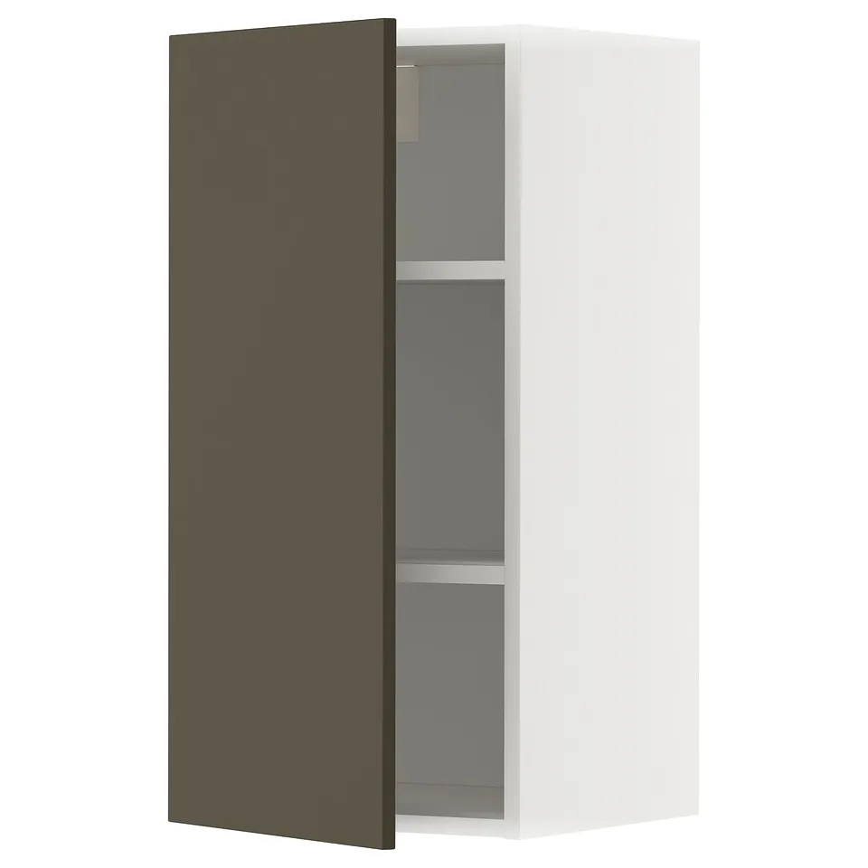 Modern wall-mounted kitchen cabinet with dark brown door, white frame, and adjustable shelf.