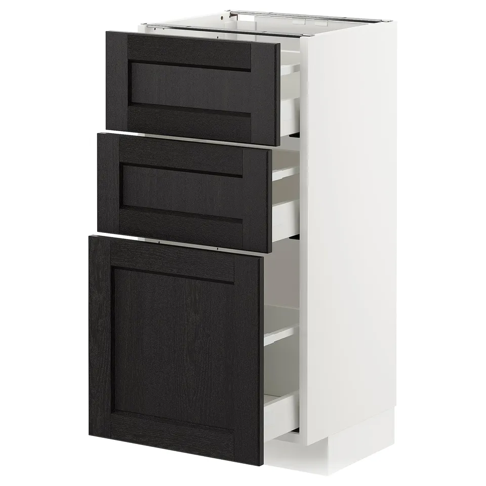 The METOD kitchen unit 3 black-stained wood drawers and cabinets with sleek, bevelled edges.